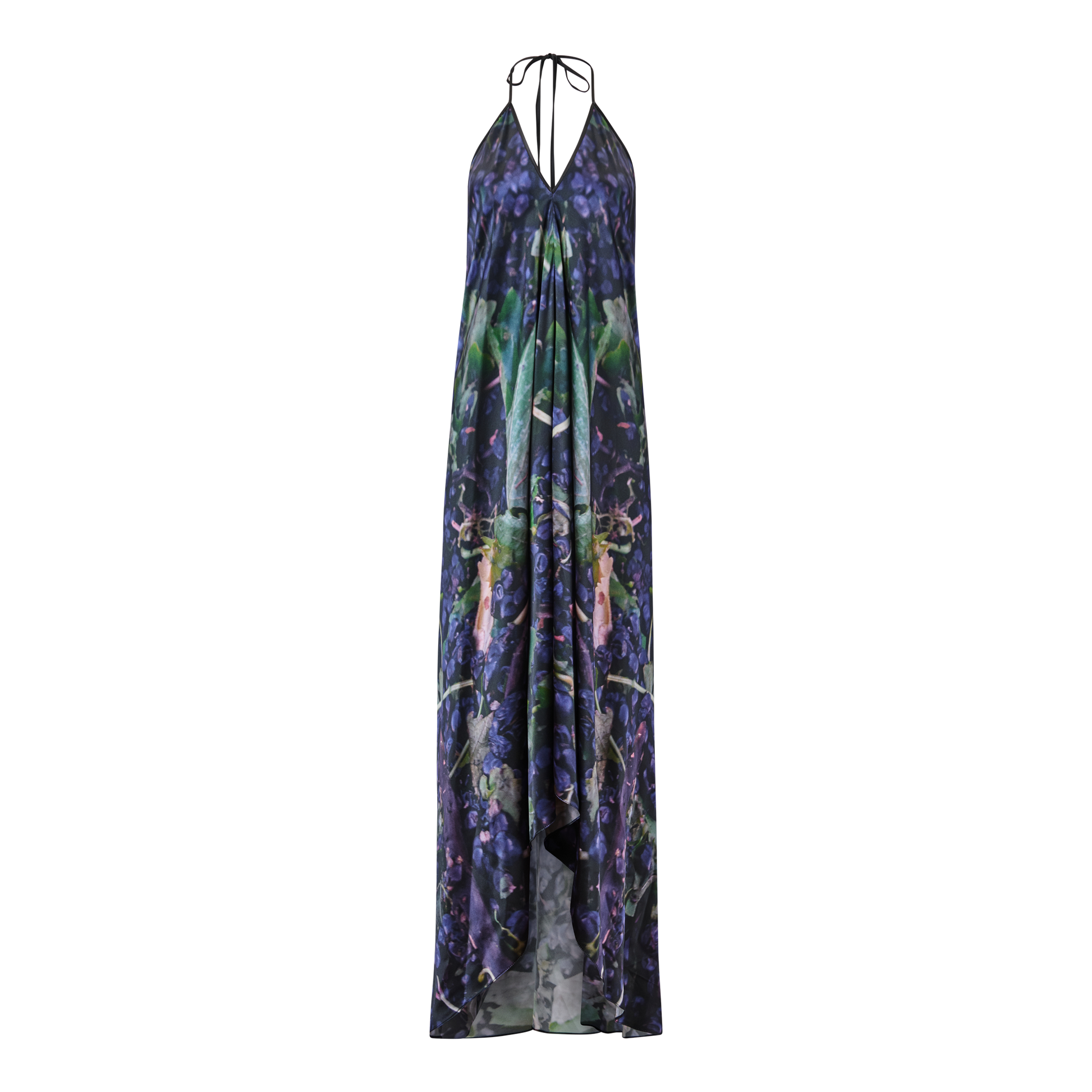 Midnight Blue Grape Silk Satin V-Halter Dress