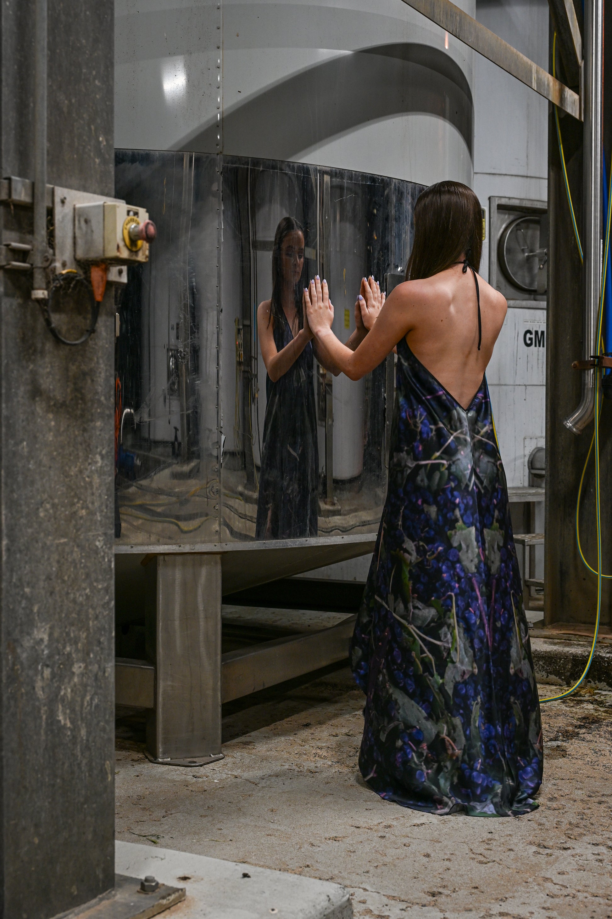 Midnight Blue Grape Silk Satin V-Halter Dress