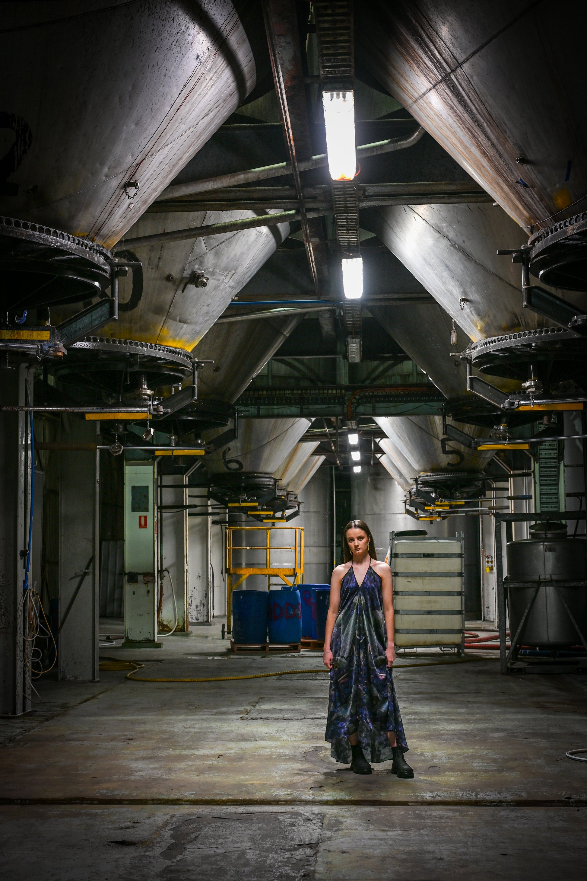 Midnight Blue Grape Silk Satin V-Halter Dress